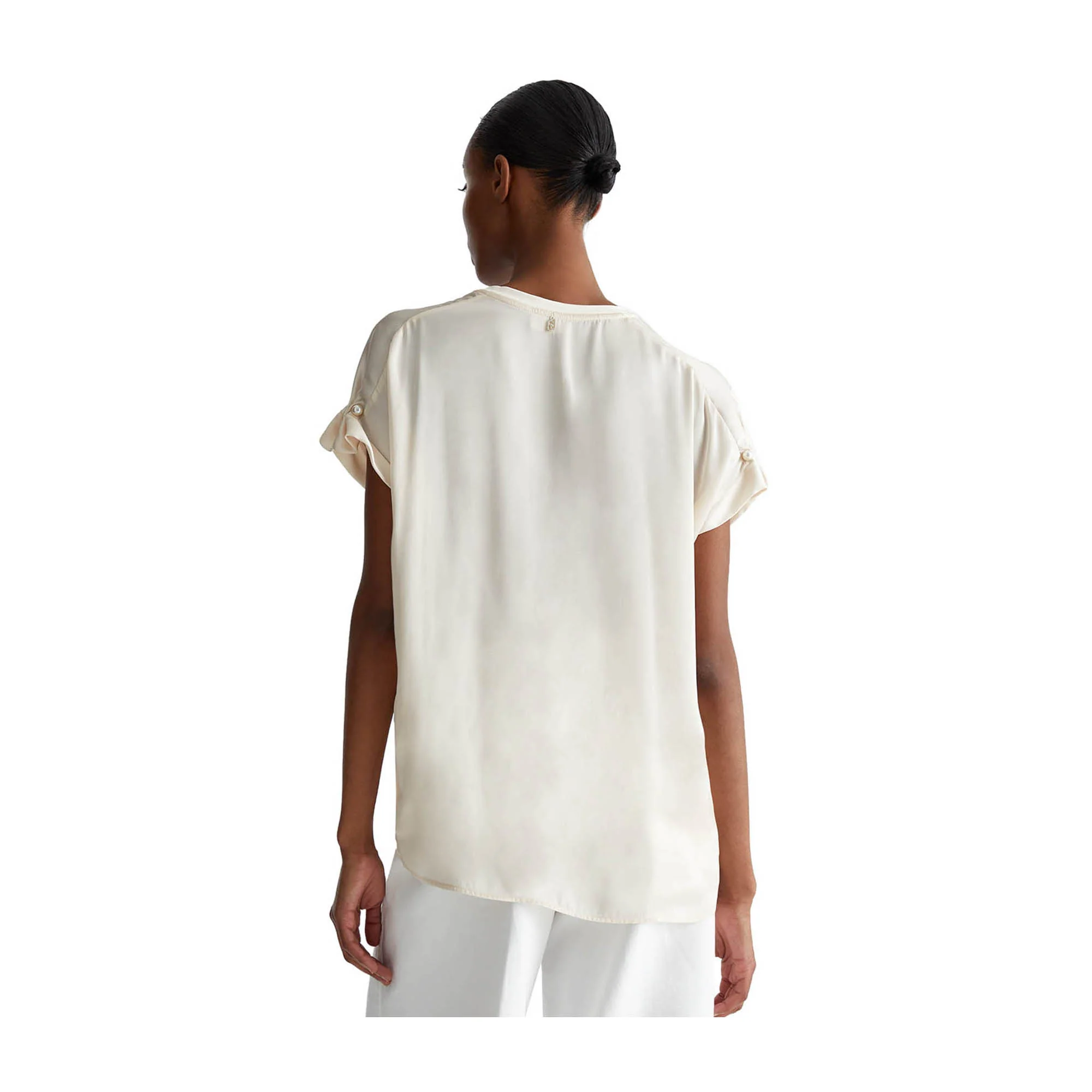 T-shirt Bianca Donna con perle sulle maniche - Image 2