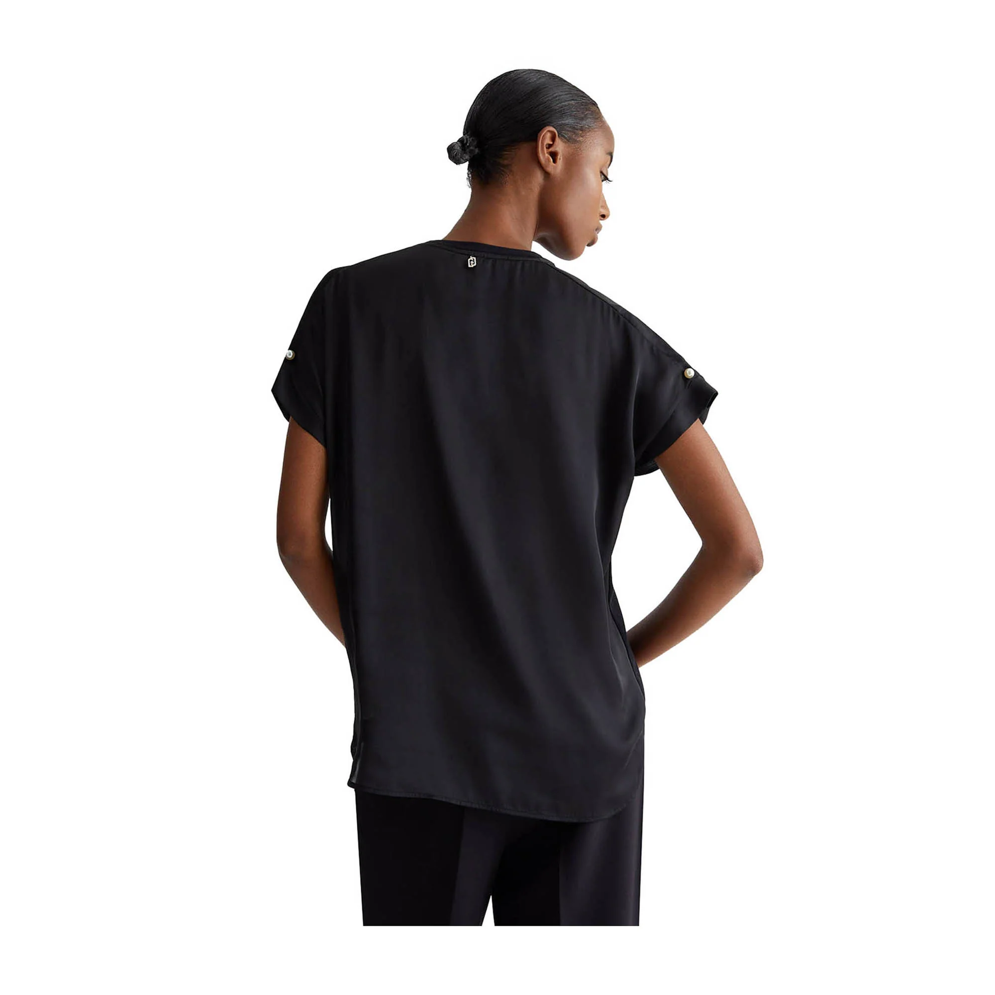 T-shirt Nera Donna con perle sulle maniche - Image 2