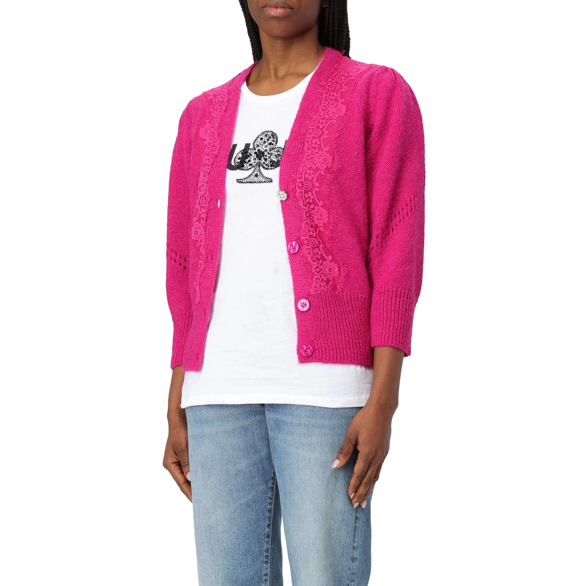 Cardigan Donna con pizzo e bottoni Fucsia - Image 2