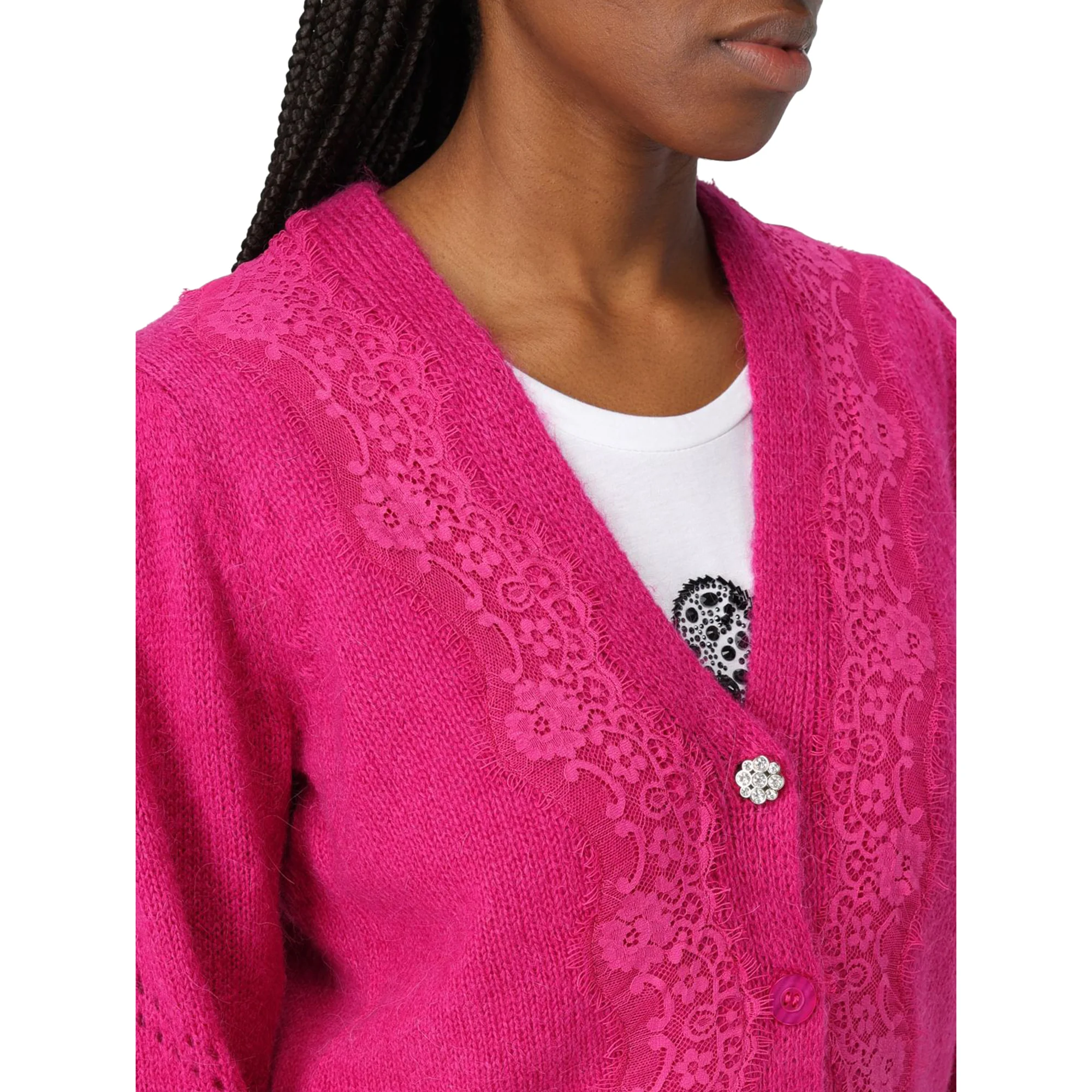 Cardigan Donna con pizzo e bottoni Fucsia - Image 4