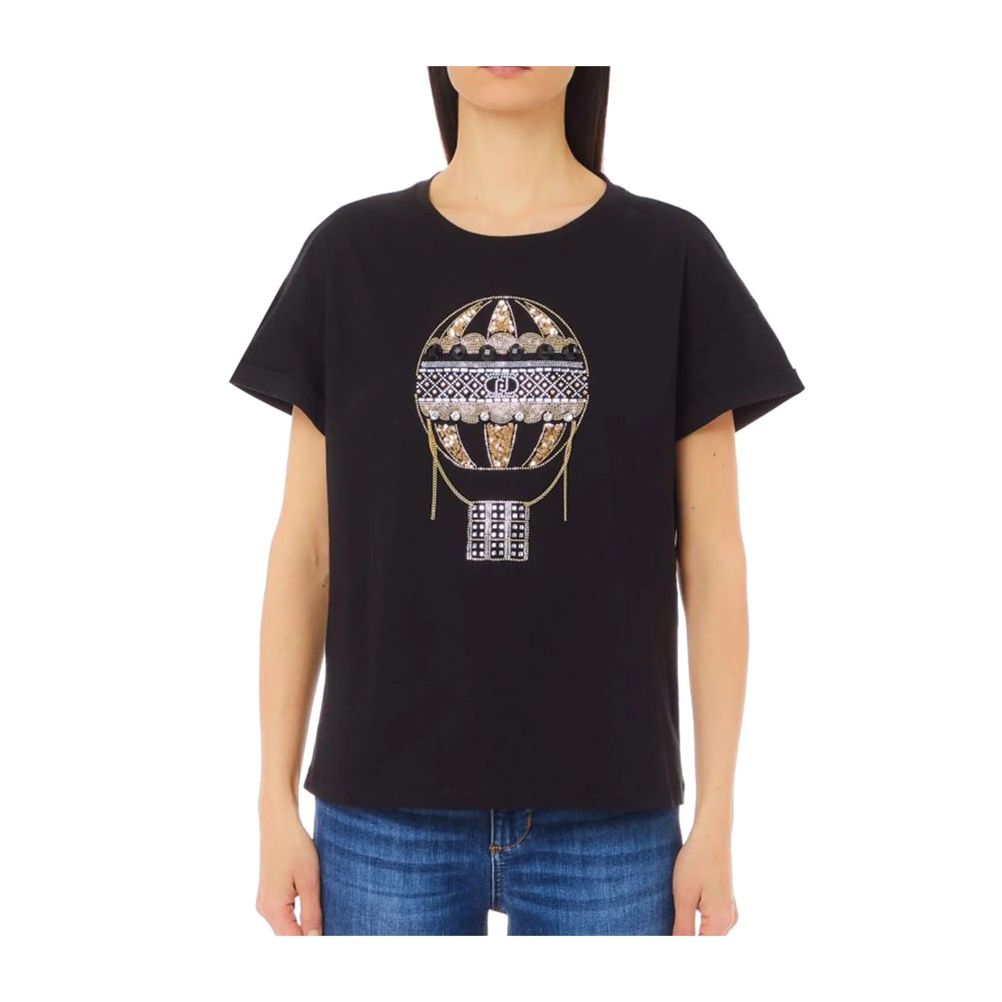 T-shirt Donna Nera con decorazione mongolfiera - Image 2